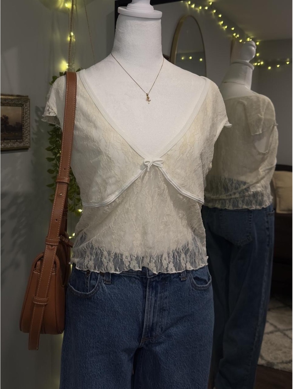Antistar Cream White Sheer Lace Tie Front Top āļø